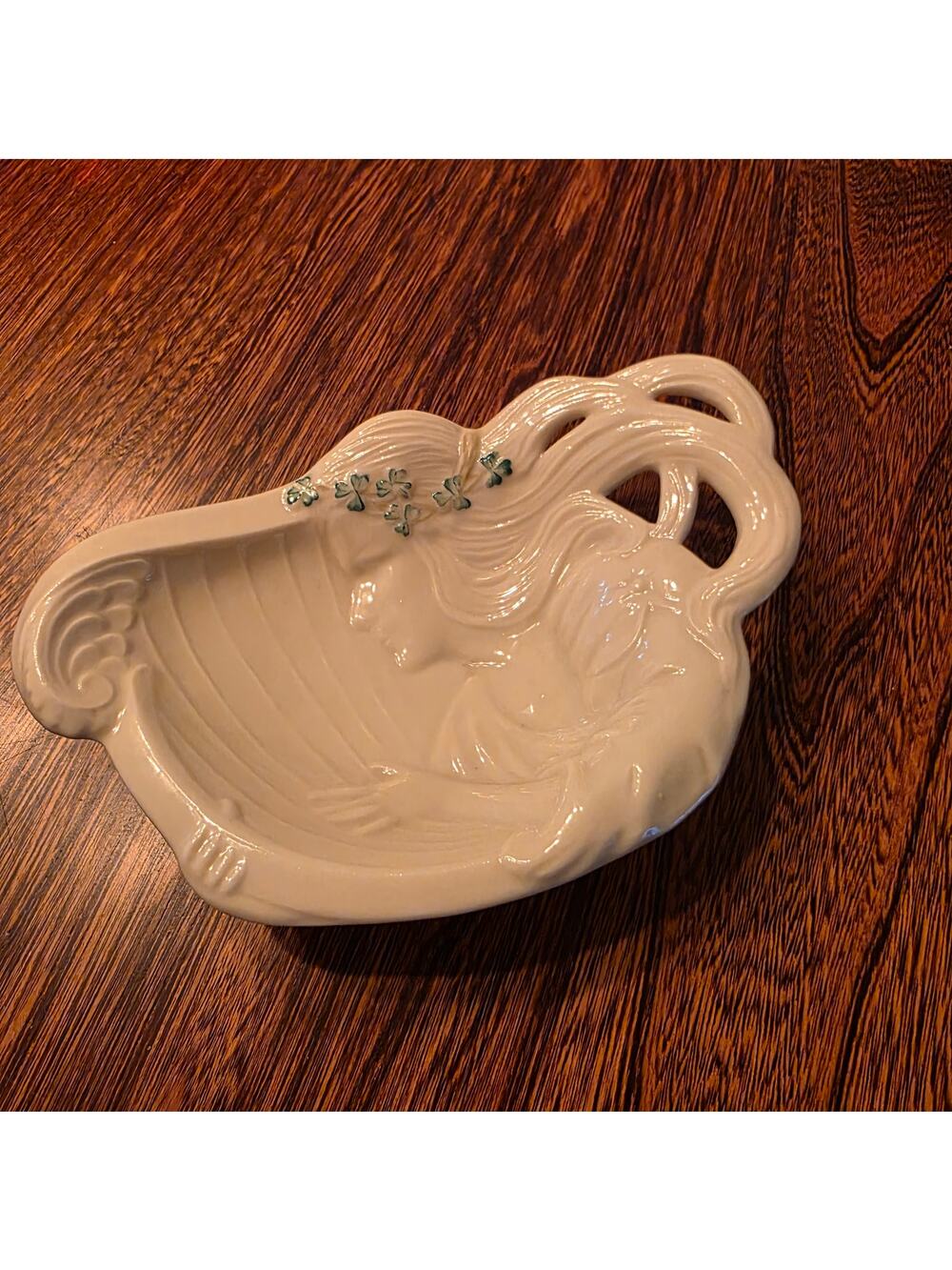 Belleek Parian China Butter Trinket Dish Woman Harp Shamrocks Irish Ireland
